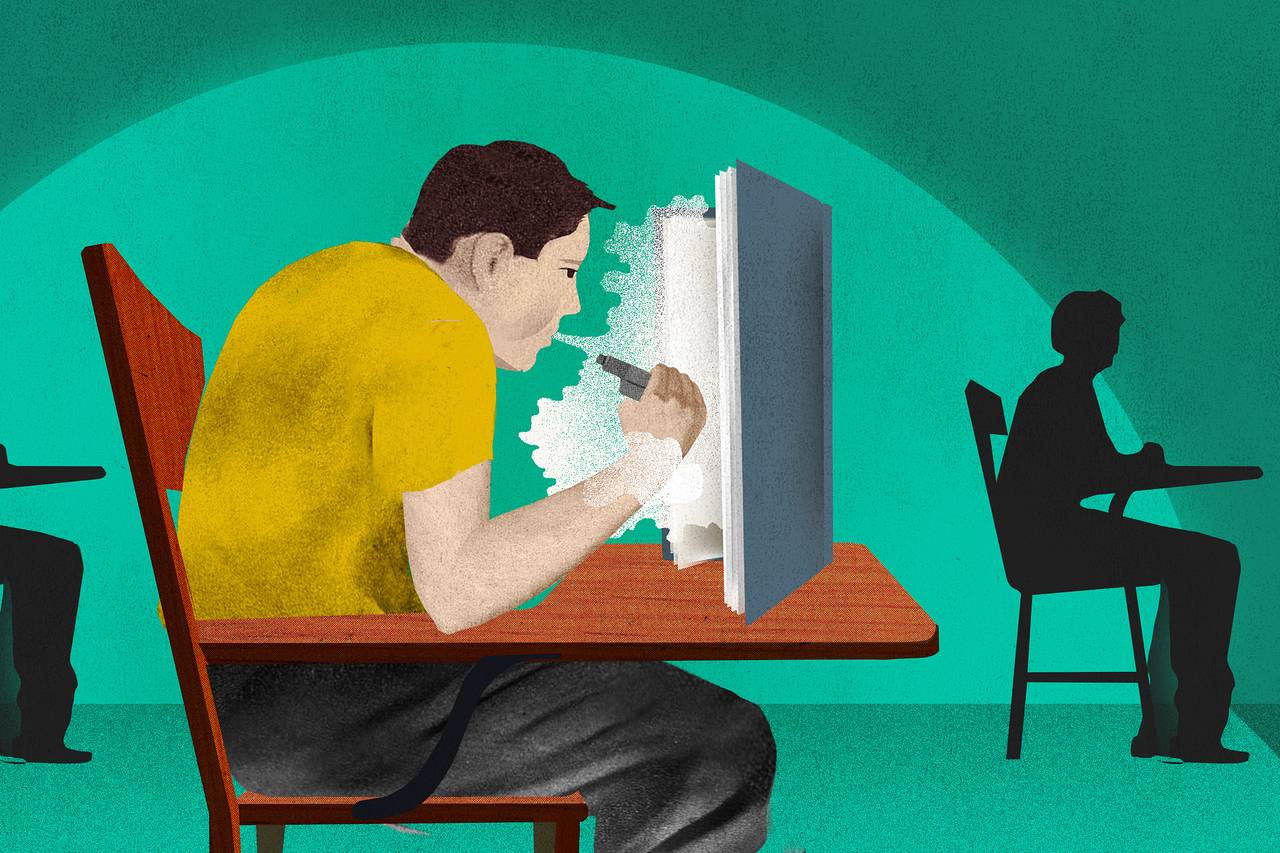 Momak koji se na času krije i vejpuje.
Student hiding while vaping.